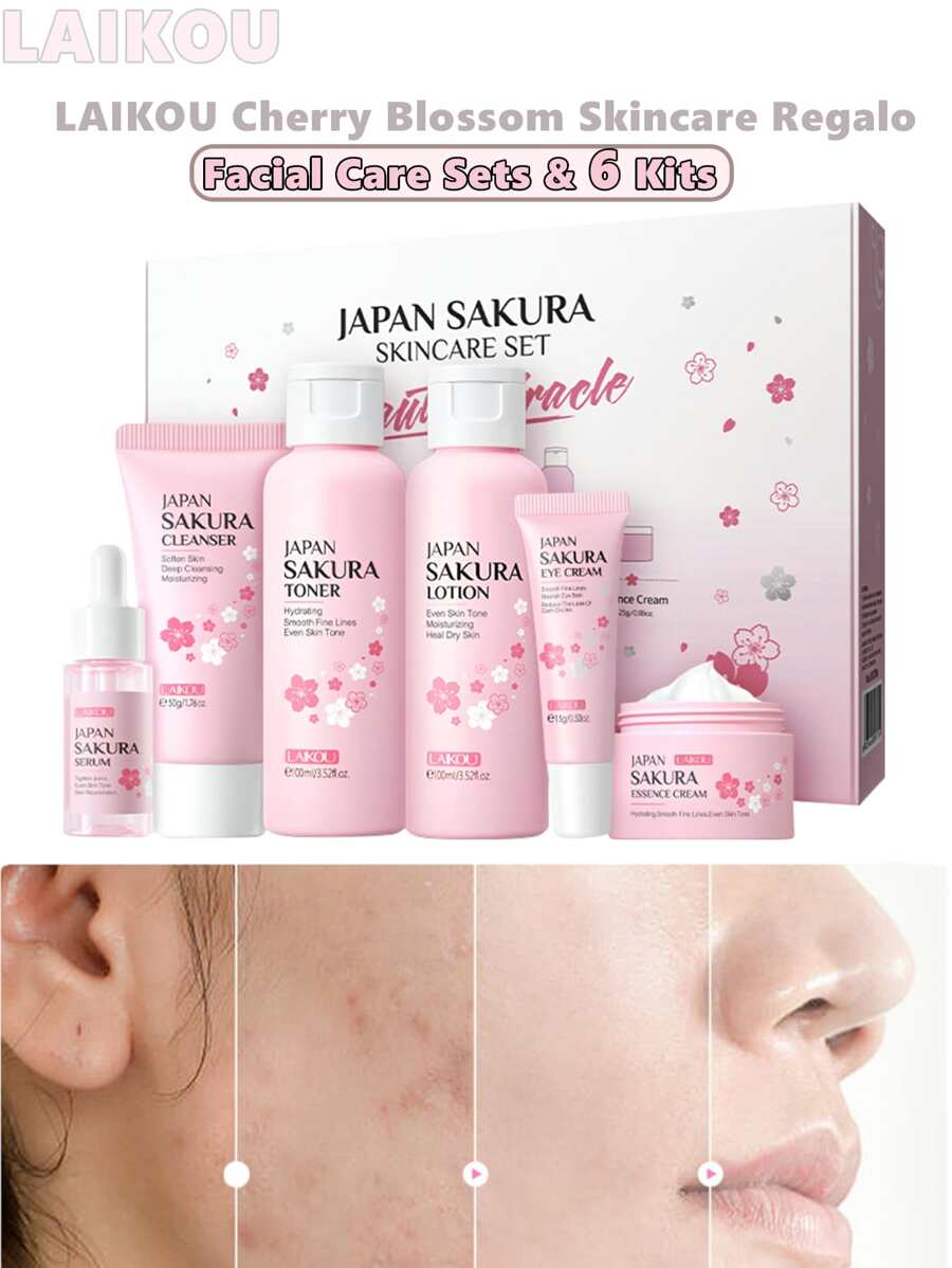 LAIKOU Laikou Cherry Blossom Skincare Set 6 Gift Set Cherry Blossom Facial Moisturizing And Moisturizing Japan Sakula Skincare Set,Cherry Blossom Skincare Set,Skincare Gift Set For Teenage Girls - Cleanser,Serum,Eye Cream,Essence Cream,Facial Care Sets & Kits,Travel Set For All Skin Types 6 Piece Skin Care Set, Women's Facial Care Set, Skin Care Gift Set, Cherry Blossom Extract Facial Care Set, Cherry Blossom Extract Tool Cherry Tree, Gift Set For Girls, Sakura Moisturizing Skin Care Set (Pink) - Pink - View 1
