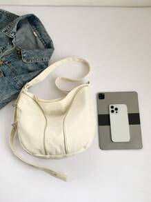 米色尼龍休閒簡約風格拉鍊大容量可摺疊不對稱斜肩包,適用於日常通勤、旅行、假期、派對、商務、晚宴、化妝品整理、學生、女友、節日/生日禮物、時尚/派對必備品 - 米色 - 查看 6