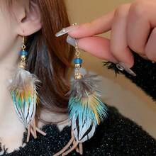 1 Pair Feather, Round Beads & Geometric Design Tassel Earrings, French Retro Style, Fashionable Jewelry Accessory Suitable For Women'S Daily Wear, Festive Gift - Multicolor - View 1