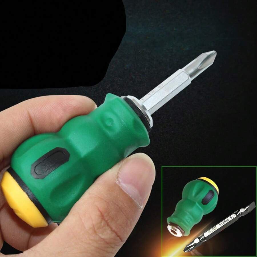 Stubby Magnetic Screwdriver With Phillips Head And Flat Head,Small Pocket Screwdriver For DIY Repairing,1 Piece - Green - View 1