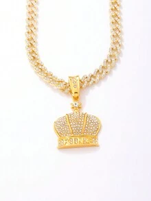 1pc Hip-Hop Style Rhinestone Inlaid King Crown Pendant Necklace, Stainless Steel Vintage Crown Style Jewelry - Multicolor - View 10