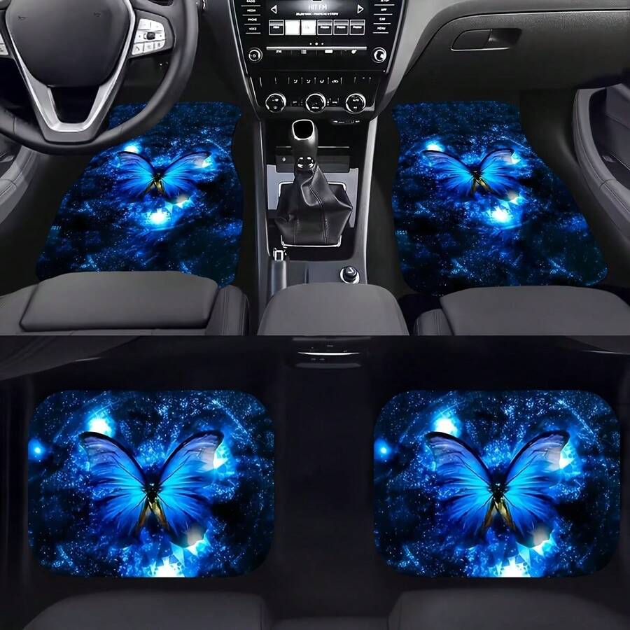 4pcs/Set Butterfly Printed Car Floor Mats, Car Front & Rear Seats Floor Mats, Car Interior Accessories, For Most Cars, Sedans, SUVs, Van - Blue - View 1