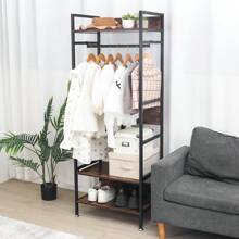 Open Wardrobe Clothes Rack: Industrial Clothes Rail Heavy Duty Coat Stand Garment Rack Wooden Clothing Rack 3 Tier Storage Shelf Organiser Cabinet Shelves With Shoe Rack Halloween Decorations Halloween Costumes Autumn Decor Festival Decor - Brown - View 5