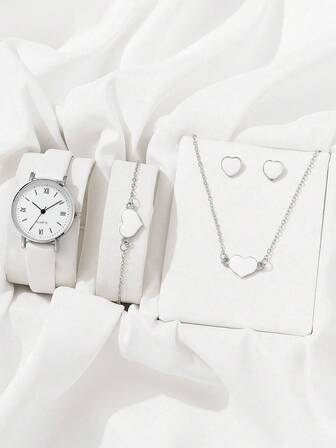 6入組女士手錶女性簡約時尚休閒石英手錶，具有心形標記和配件套件，白色心形手鍊、白色愛心項鍊