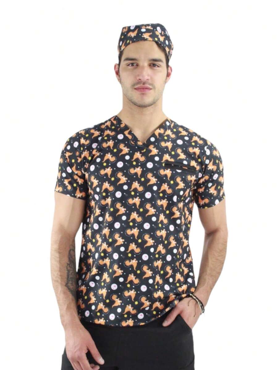 SOULMATE Filipina Quirúrgica Hombre Estampada - Negro con Dinosaurios - Ver 1