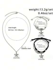 復古龐克風格編織星星和五角星設計手鍊和項鍊套裝,男女均可佩戴的配飾 - 銀色 - 查看 4