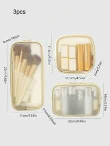 1入組/3入組網狀透明洗漱袋,男女大容量可攜式三件套化妝包,旅行收納洗漱袋套裝 - 米色 - 查看 2