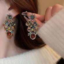 1對復古法國宮廷風格蝴蝶結和花朵造型耳環，配有925純銀針和鑲嵌鑽石細節，中年復古耳飾，適合作為日常穿戴和送禮的選擇給婦女 - 咖啡 - 查看 1