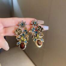 1對復古法國宮廷風格蝴蝶結和花朵造型耳環，配有925純銀針和鑲嵌鑽石細節，中年復古耳飾，適合作為日常穿戴和送禮的選擇給婦女 - 咖啡 - 查看 3