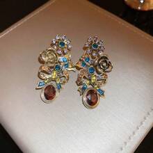 1對復古法國宮廷風格蝴蝶結和花朵造型耳環，配有925純銀針和鑲嵌鑽石細節，中年復古耳飾，適合作為日常穿戴和送禮的選擇給婦女 - 咖啡 - 查看 2