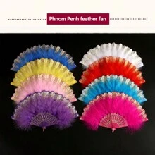 1只古典金邊羽毛扇,適用於旗袍、舞蹈表演、求愛、漢服和復古主題活動 - 彩色 - 查看 2