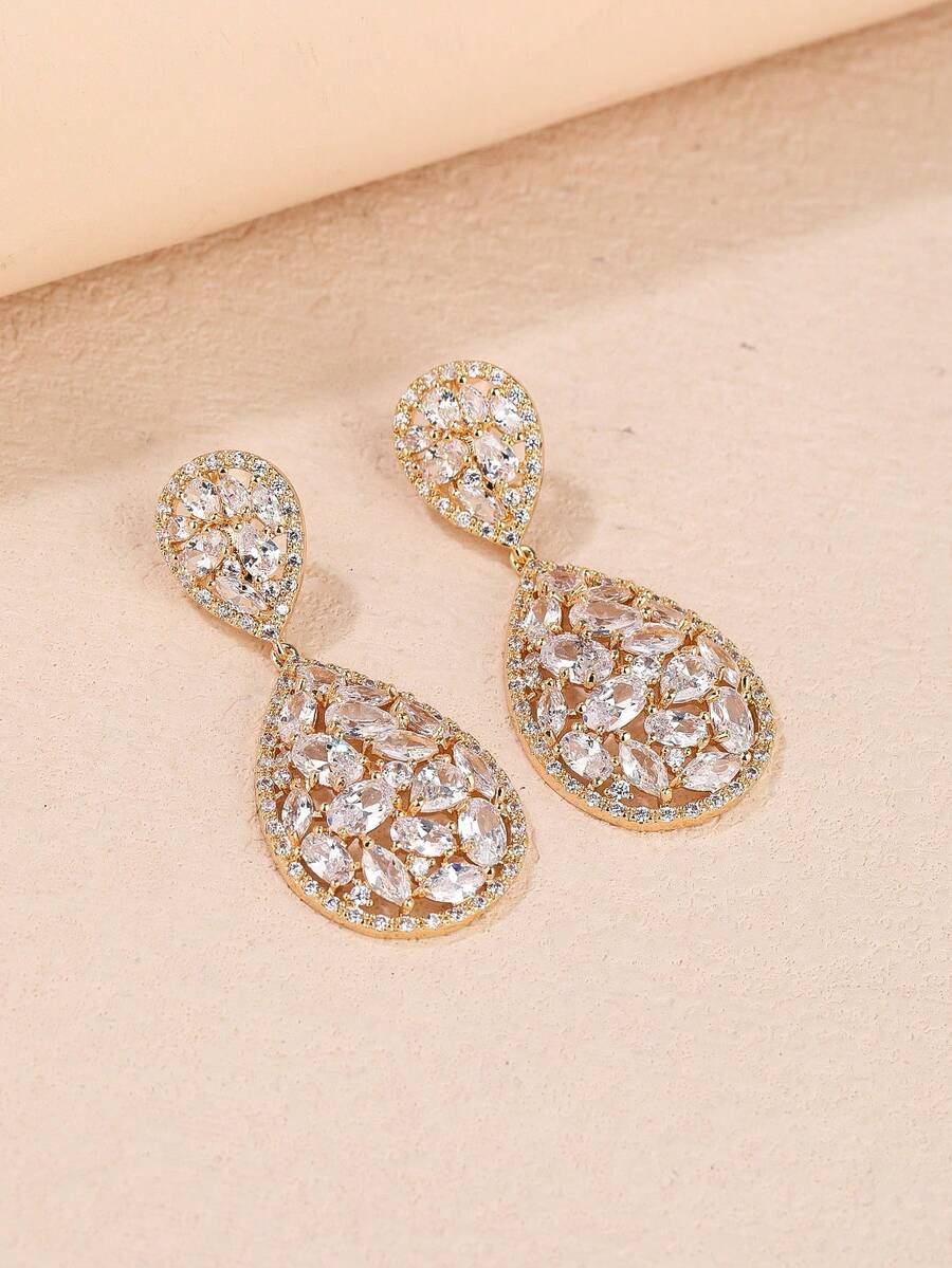 1對奢華立體鑽石長吊墜耳環,適用於婚禮晚會珠寶飾品 - 金色 - 查看 1