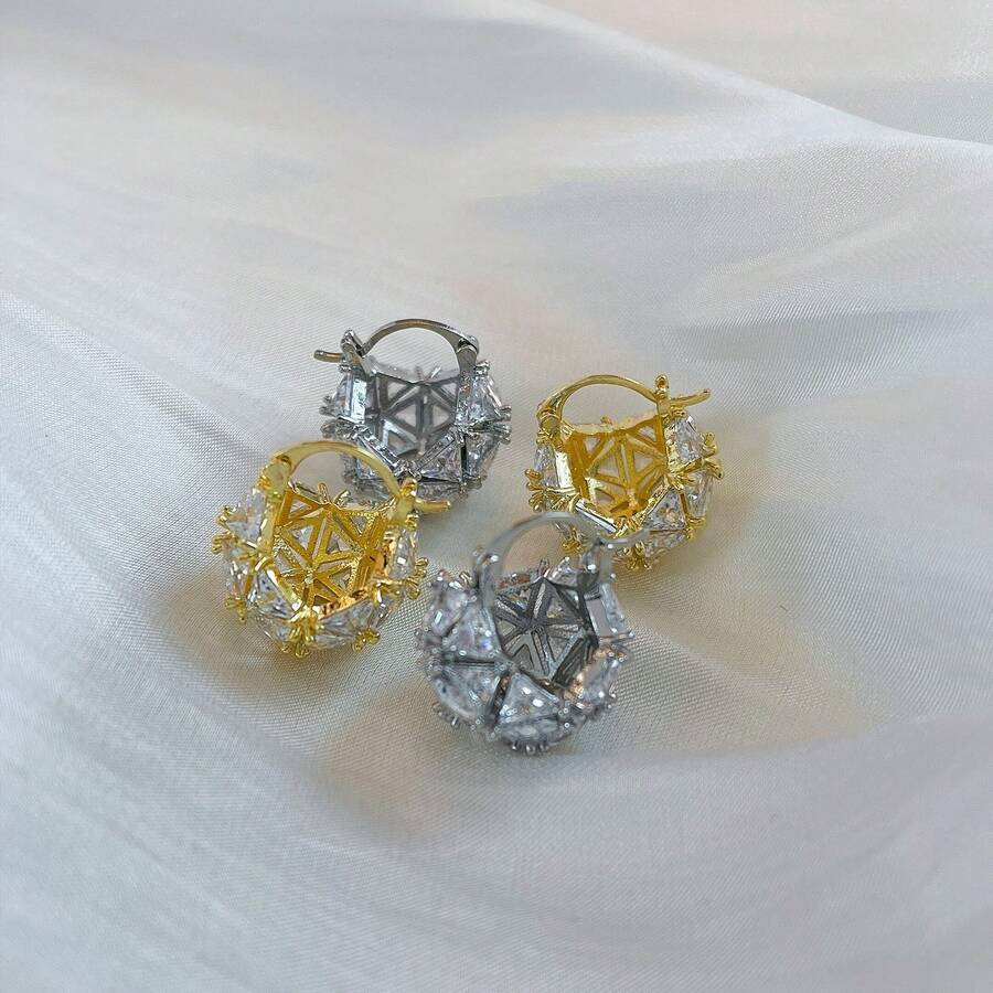 獨具時尚與奢華感的三角形立體氧化鋯鋼籃造型女式耳環,復古精緻的北歐風耳環 - 金色 - 查看 1