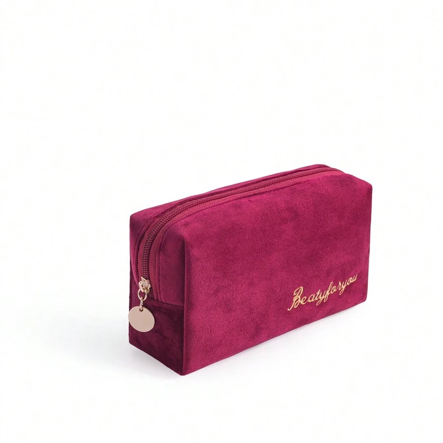 1pc Ins Style Flannel Cosmetic Bag With Large Capacity, Portable Handbag, Women's Toiletry Bag, Simple Waterproof Storage Bag For Travel - Burgundy - View 1