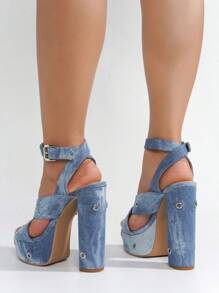 Women's  Open Toe Platform High Block Heels - Platform Square Toe Ultra High Heel For Weekend - Màu xanh lam - Xem 5