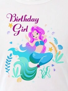 少女生日快樂短袖T恤和藍色網紗芭蕾裙套裝，包括發帶和絲帶