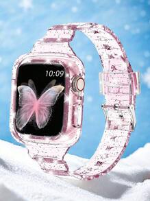 2-In-1 Glitter Bling Slim Crystal Transparent Sports Watch Band With Bumper Case Compatible With Apple Watch Band 38mm 40mm 41mm 42mm 44mm 45mm 46mm 49mm, Bezel Wristband Suitable For Apple Watch 11/10/9/8/7/6/5/4/3/2/1/SE Ultra Women/Men, Watch Screen Not Included - Pink - View 2