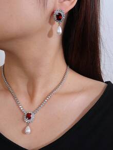 1套3入組時尚立方氧化鋯和仿珍珠項鍊耳環套裝，用於婚禮新娘服飾配件 - 紅色 - 查看 4