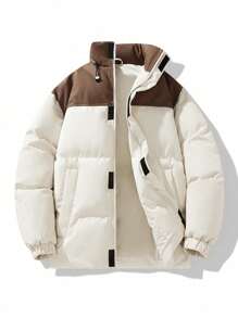Men's Color Block Stand Collar Padded Coat, Windproof And Waterproof Down Padded Coat - White - View 1