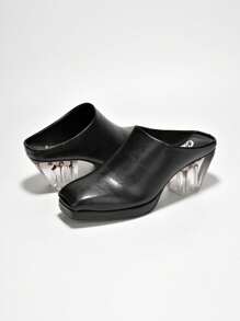 Women's  Micro Platform Lug Sole Mid Block Heels - Platform, Lug Square Toe Clear, Cloth Mule Mid Heel For Every Day Wear - màu đen - Xem 3