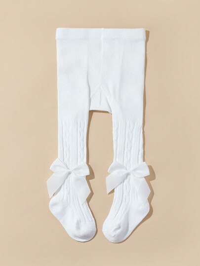 1pc Spring And Autumn Solid Color Baby Tights With Bowknot Decoration