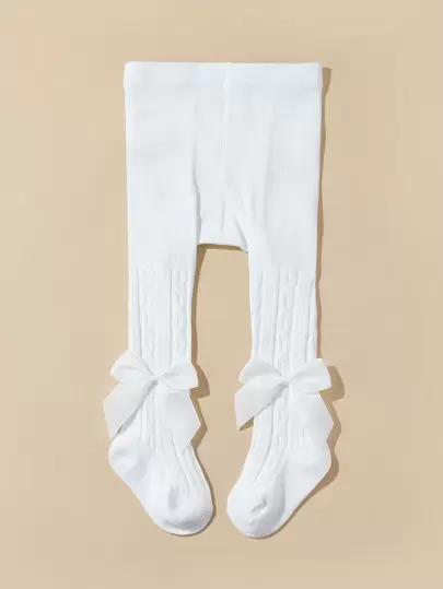 1pc Spring And Autumn Solid Color Baby Tights With Bowknot Decoration