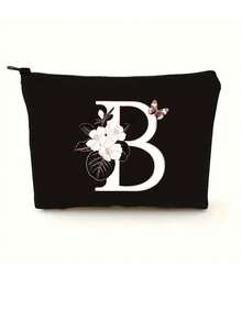1pc English Letter Print Travel Cosmetic Bag, Canvas Foldable Toiletry Bag Zipper Makeup Pouch Organizer For Men & Women - Black - View 1