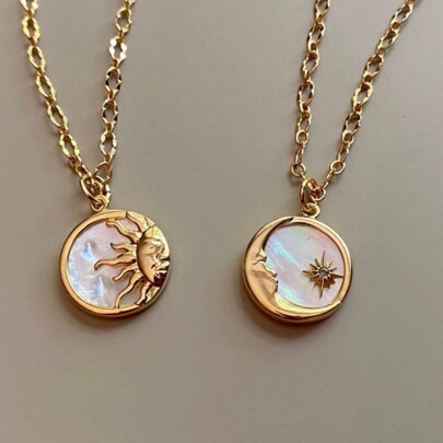 Vintage 3d Sun And Moon Round Pendant Necklace, Gold-Plated Collarbone Chain