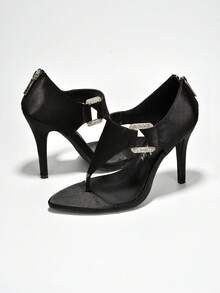 Katina Women's Rhinestone Trim Open Toe Skinny Heels - Black - View 2