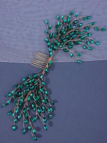 1個新娘髮梳,手工編織鑲嵌鑽石髮飾,適用於婚禮 - 綠色 - 查看 9