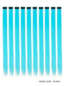 Extensiones de cabello de clip de pelo liso de colores surtidos: rojo, rosa, naranja, morado, azul, verde, gris, de 22 pulgadas, mechones sintéticos rectos de clip para pelo de niñas y mujeres, usados en fiestas, vacaciones, Año Nuevo, 10 piezas por paquete - Azul - Ver 2