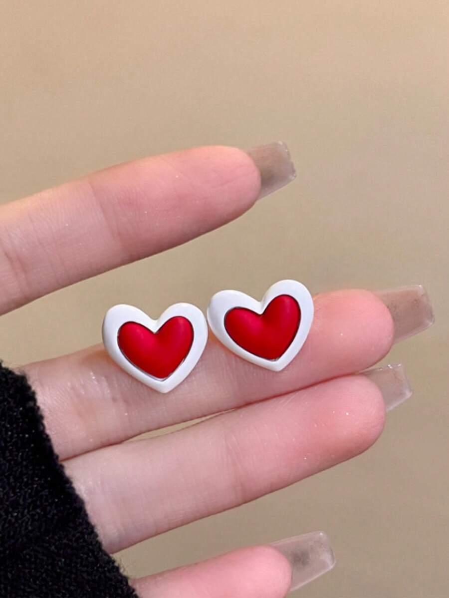 1pair Sweet & Cute & Minimalistic Red Heart Stud Earrings - Love - View 1