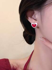 1pair Sweet & Cute & Minimalistic Red Heart Stud Earrings - Love - View 2