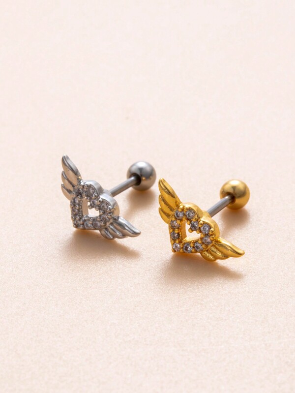 1pc Simple, Fashionable, Delicate Stainless Steel Ear Cartilage Bone Stud Earring With Micro Inlaid Rhinestone, Wing And Hollow Heart Design Valentines,Mom,Mother,Mother's Day,Gift