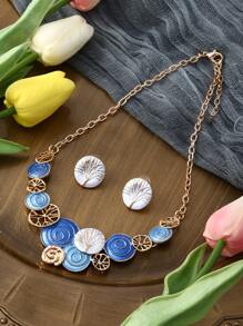 1套波希米亞風格的鋅合金彩釉幸運樹項鍊和耳環套裝,是女士周年/生日的理想禮物 - 幾何 - 查看 1