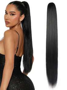 18/24英寸馬尾延伸爪夾式頭髮裝置,自然馬尾專為女士設計,直式合成髮尾 - 黑色 - 查看 1