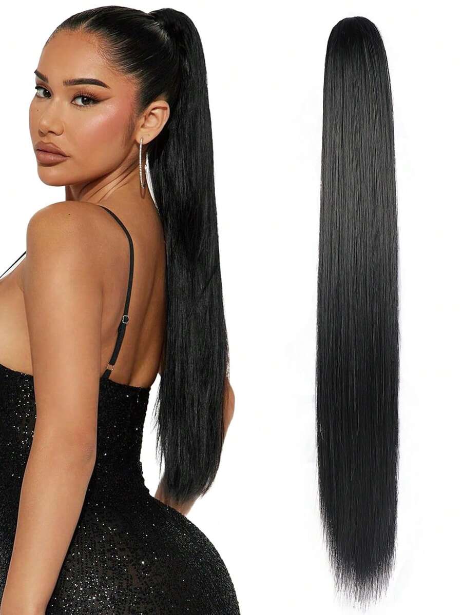 18/24英寸馬尾延伸爪夾式頭髮裝置,自然馬尾專為女士設計,直式合成髮尾 - 黑色 - 查看 1