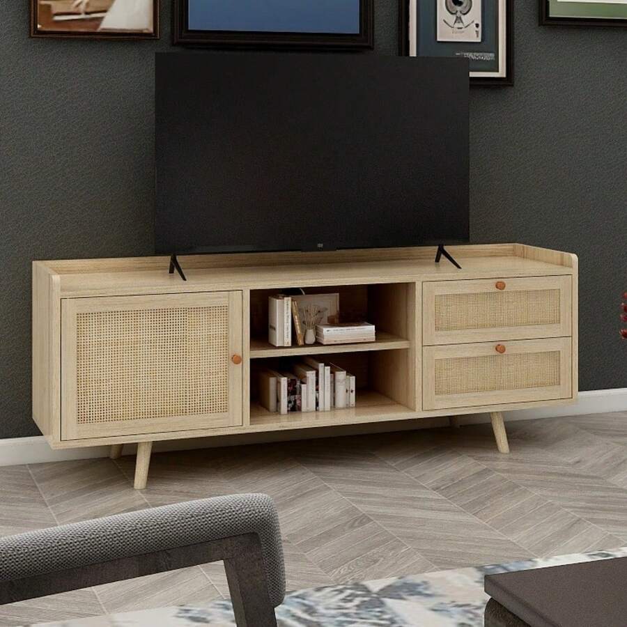 Mid Century TV Stand With Rattan-Decorated Doors, Spacious Cabinets, And Adjustable Shelf - Wood TV Console Table With Drawers - Media Stand For TV - Natural Oak - View 1