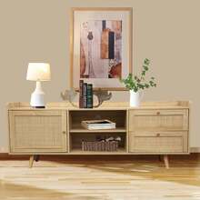 Mid Century TV Stand With Rattan-Decorated Doors, Spacious Cabinets, And Adjustable Shelf - Wood TV Console Table With Drawers - Media Stand For TV - Natural Oak - View 2