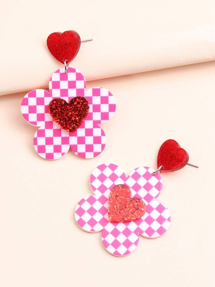 1對情人節格紋,花朵,心形設計耳環,適用於女性 - 玫紅色 - 查看 1