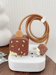 1set Of 4 Cartoon Cute Brown Chocolate Ice Cream Design Phone Charger Protective Case, Data Cable Connector Cover. Compatible With Apple 18/20w Charger And Data Cable. Shockproof, Scratch-Resistant, Dirt-Resistant Protection - Brown - View 2