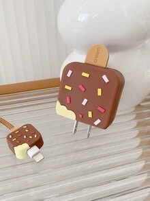 1set Of 4 Cartoon Cute Brown Chocolate Ice Cream Design Phone Charger Protective Case, Data Cable Connector Cover. Compatible With Apple 18/20w Charger And Data Cable. Shockproof, Scratch-Resistant, Dirt-Resistant Protection - Brown - View 5