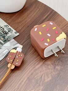 1set Of 4 Cartoon Cute Brown Chocolate Ice Cream Design Phone Charger Protective Case, Data Cable Connector Cover. Compatible With Apple 18/20w Charger And Data Cable. Shockproof, Scratch-Resistant, Dirt-Resistant Protection - Brown - View 7