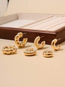 3對/組女士極簡扭曲設計耳環,適合日常穿搭和禮物贈送 - 麻花造型 - 查看 4