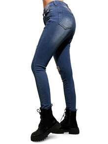 Pantalón jeans Azul rasgado de mezclilla estilo skinny para mujer - Azul - Ver 4