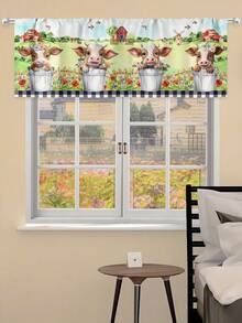1入農場風景短窗簾,黑白格紋印花和可愛的牛桶設計,適用於臥室、客廳裝飾,52英寸*18英寸 - 彩色 - 查看 3