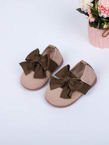 1pair Girls' Bowknot Design Fashionable Cute Toddler Flat Shoes Suitable For Spring - Khaki - View 2