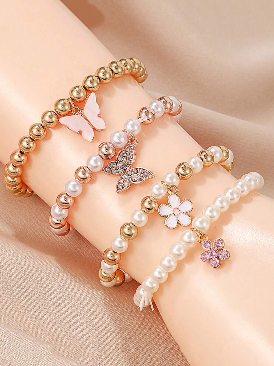 4pcs/Set Cute Butterfly Daisy Heart Pendant Faux Pearl Beaded Bracelet For Girls, Exquisite Jewelry Gift - Multicolor - View 1