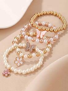 4pcs/Set Cute Butterfly Daisy Heart Pendant Faux Pearl Beaded Bracelet For Girls, Exquisite Jewelry Gift - Multicolor - View 2