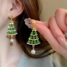1pair 925 Sterling Silver Star & Rhinestone & Pearl Christmas Tree Earrings, Fashionable & Elegant Earrings - Green - View 1